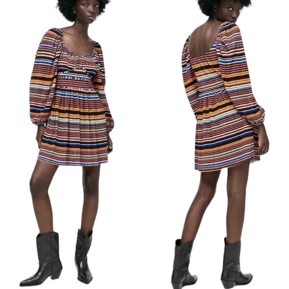 ZARA Multicolor Stripe Pleated Long Balloon Sleeve Dress